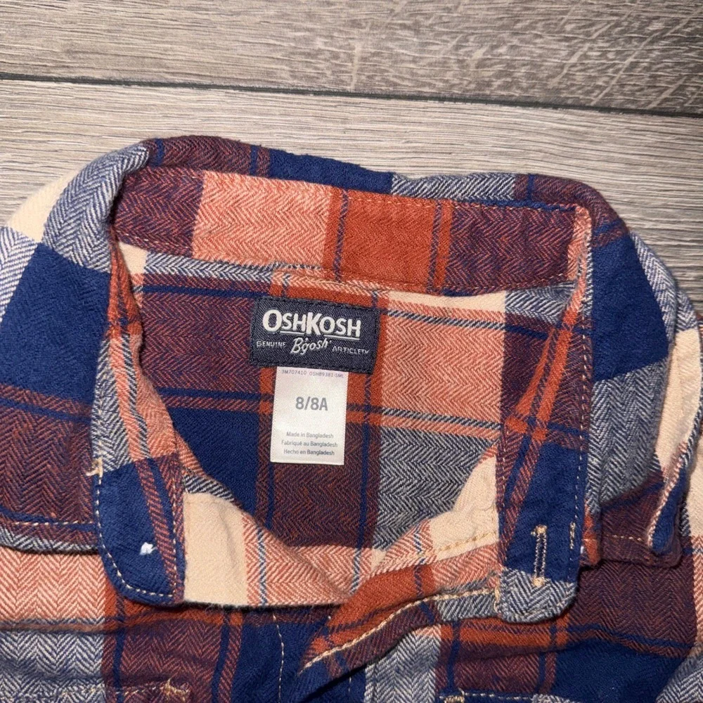 OshKosh Bgosh Boys Plaid Flannel Shirt Navy Orange Herringbone Size 8 8A